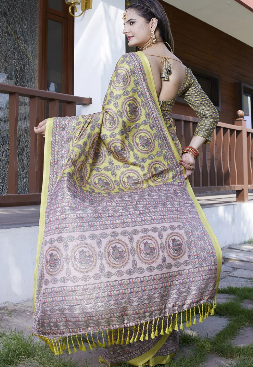 Digital Printed Crepe Saree in Light Green
