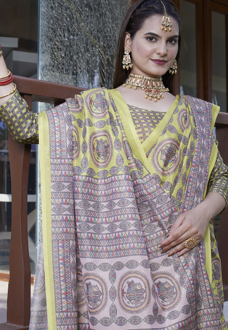 Digital Printed Crepe Saree in Light Green