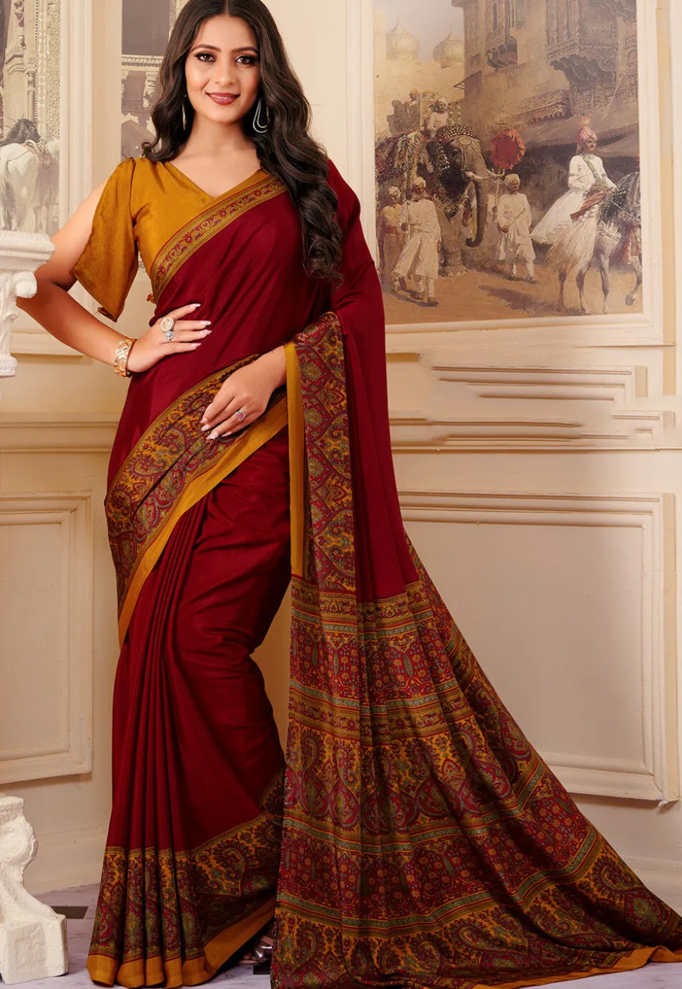 Digital Printed Crepe Saree in Maroon