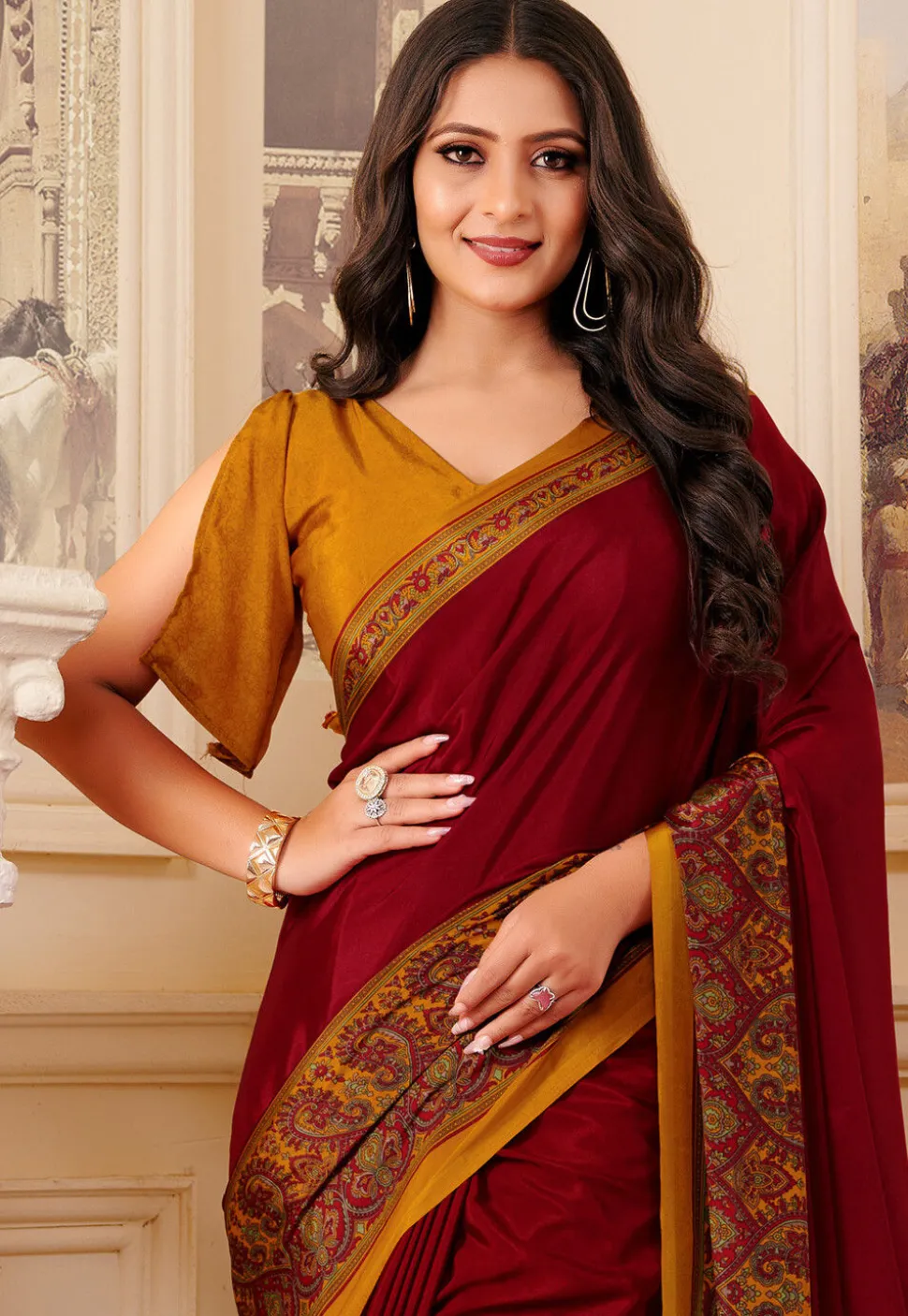 Digital Printed Crepe Saree in Maroon