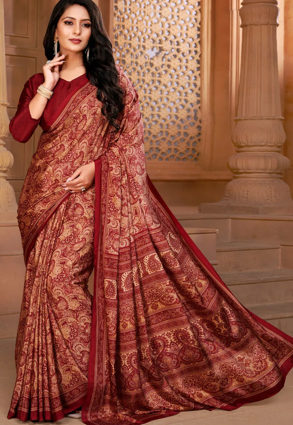 Digital Printed Crepe Saree in Peach