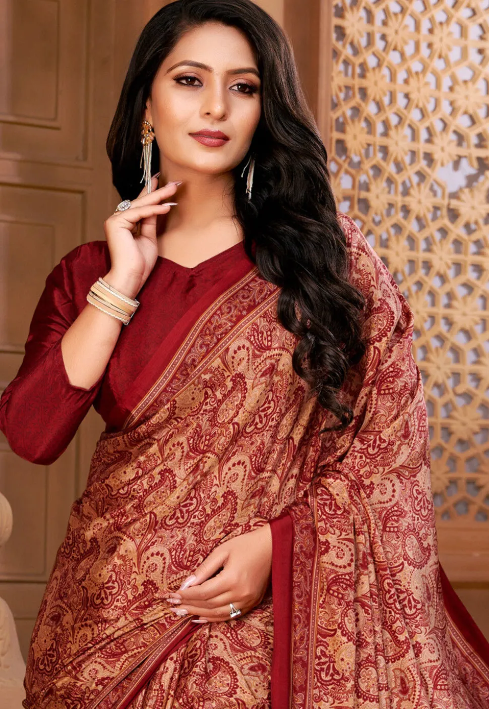 Digital Printed Crepe Saree in Peach