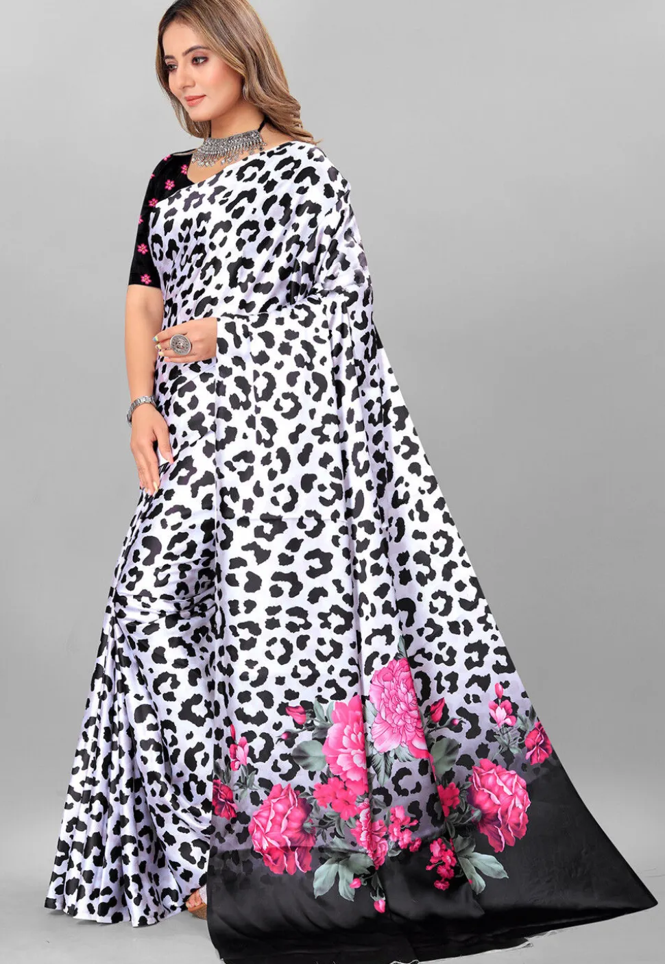 Digital Printed Crepe Saree in White