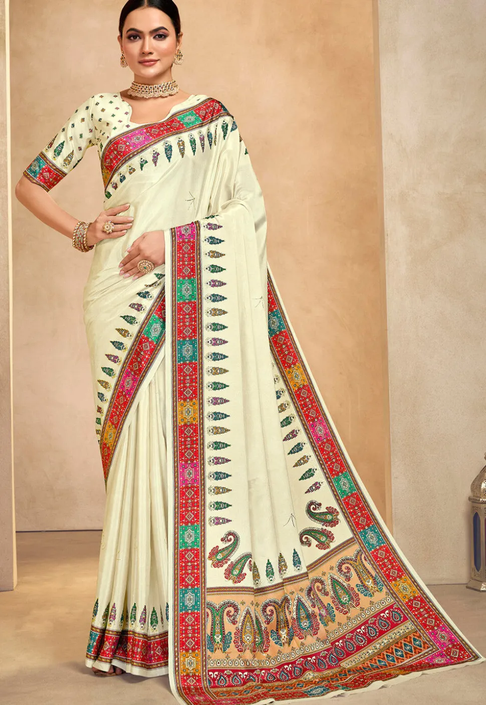 Digital Printed Crepe Saree in Cream