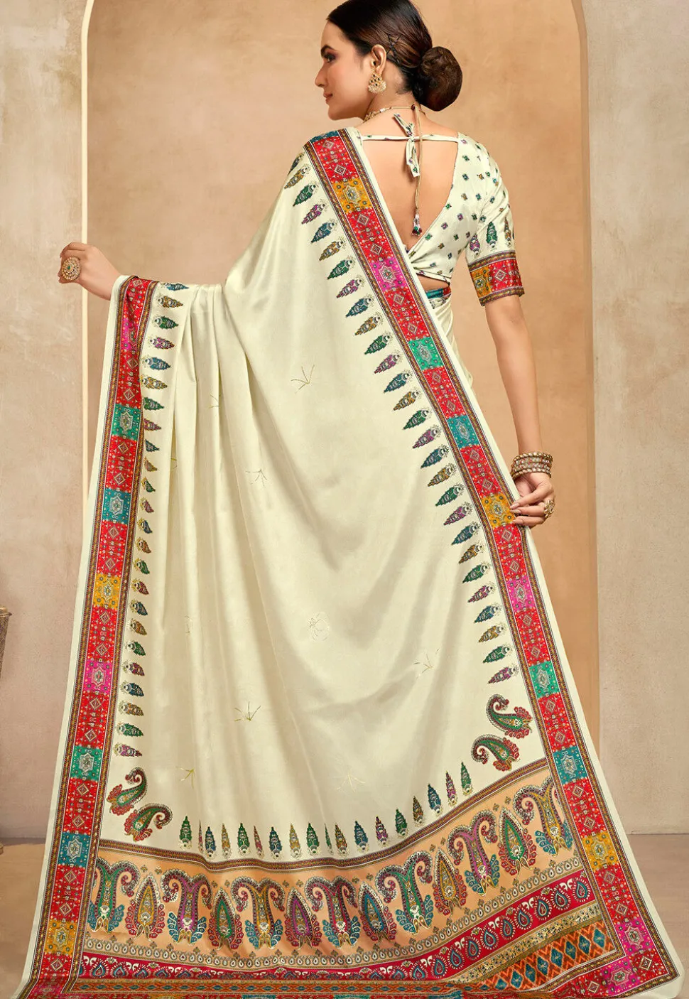 Digital Printed Crepe Saree in Cream