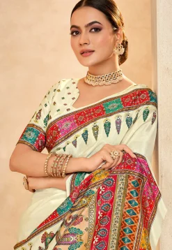 Digital Printed Crepe Saree in Cream