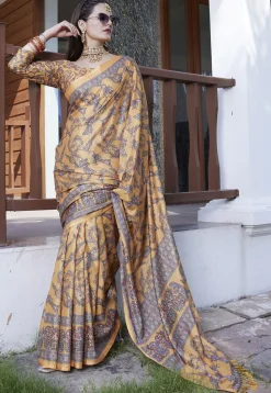 Digital Printed Crepe Saree in Yellow