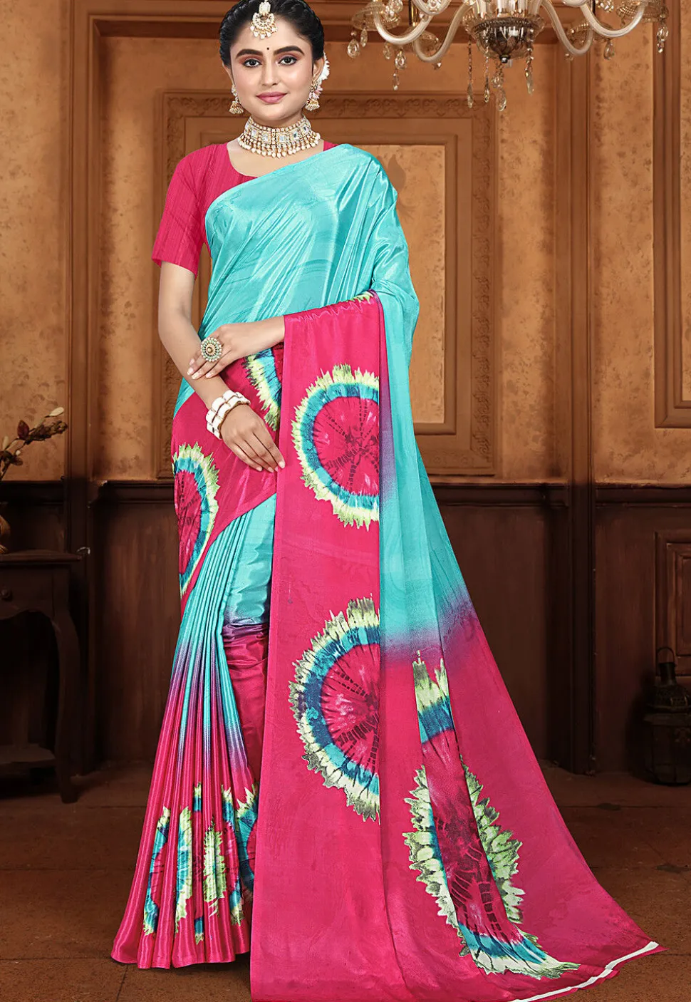 Digital Printed Crepe Saree in Sky Blue and Pink