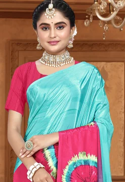 Digital Printed Crepe Saree in Sky Blue and Pink