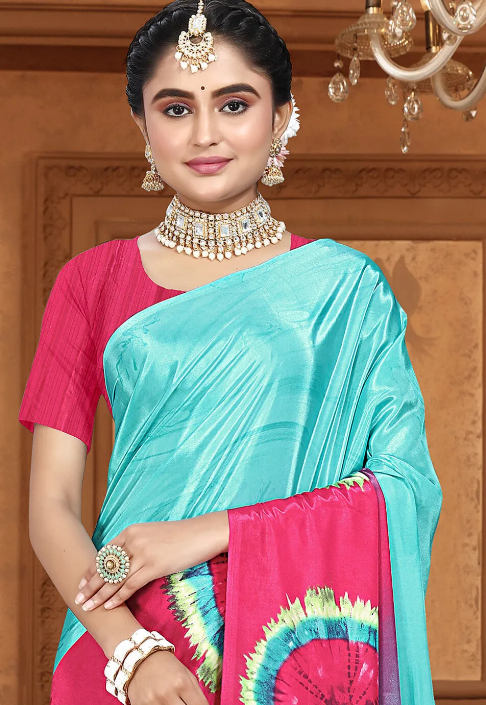 Digital Printed Crepe Saree in Sky Blue and Pink