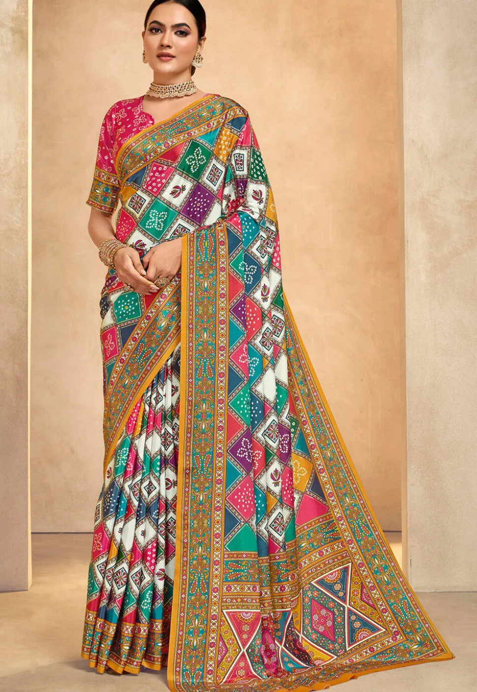 Digital Printed Crepe Saree in Multicolor
