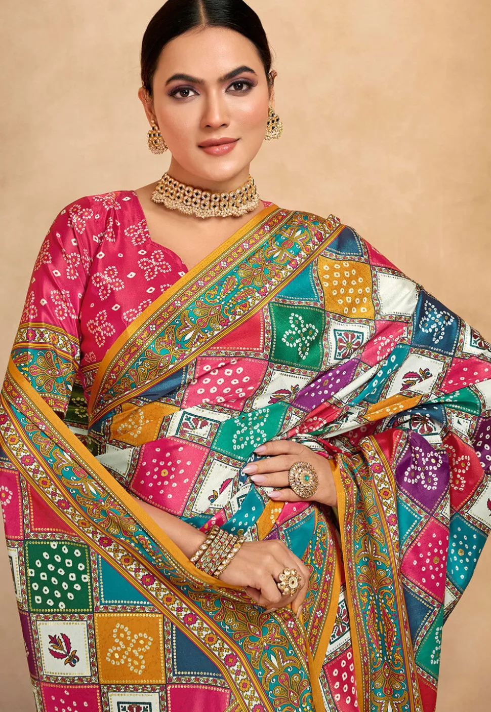 Digital Printed Crepe Saree in Multicolor