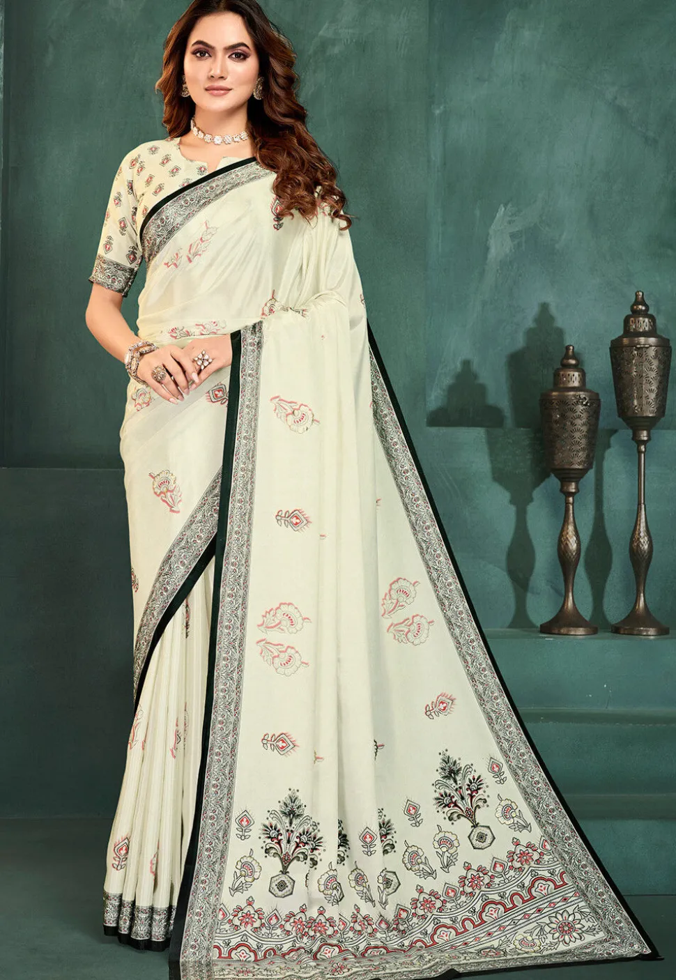 Digital Printed Crepe Saree in Off White