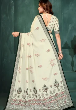 Digital Printed Crepe Saree in Off White