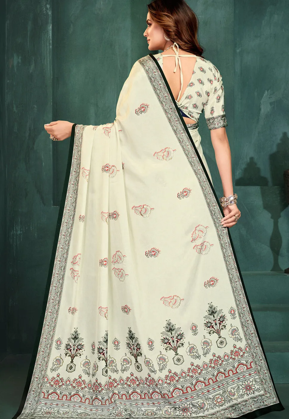 Digital Printed Crepe Saree in Off White