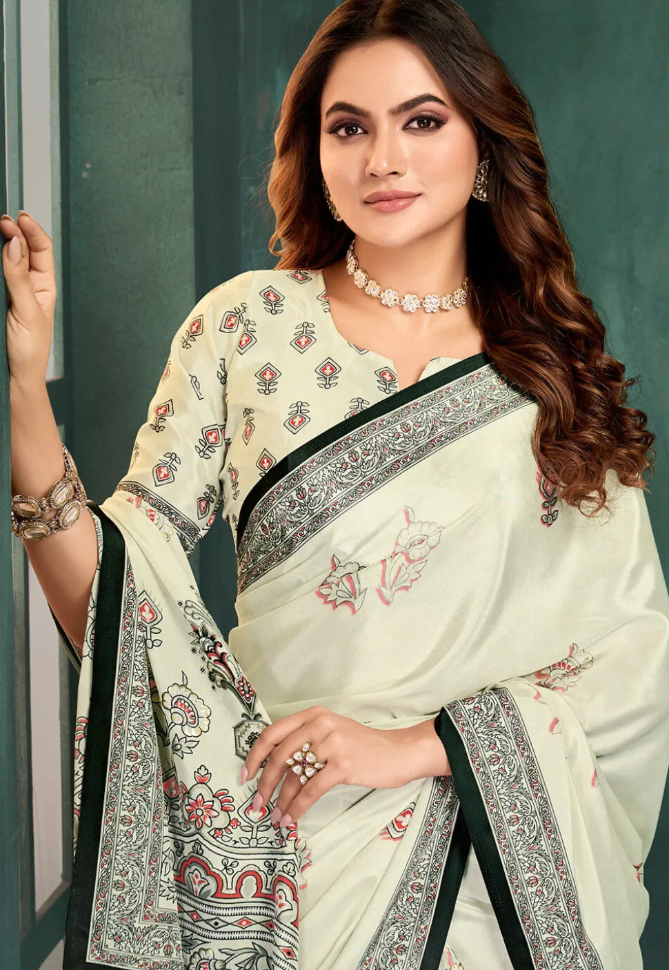 Digital Printed Crepe Saree in Off White