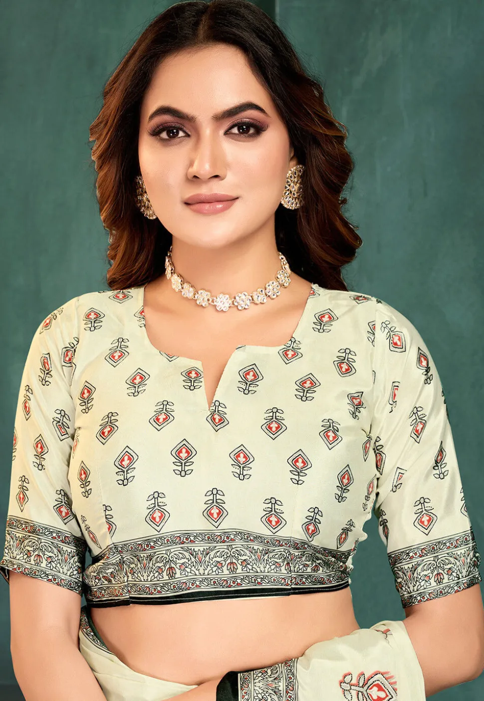 Digital Printed Crepe Saree in Off White