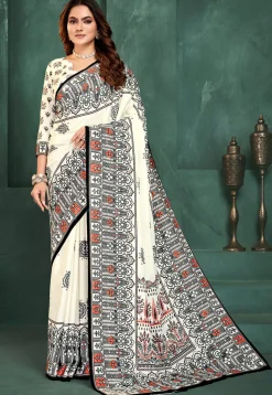 Digital Printed Crepe Saree in Off White