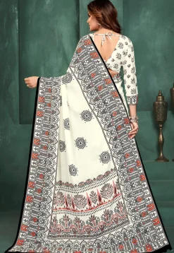 Digital Printed Crepe Saree in Off White