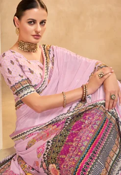 Digital Printed Crepe Saree in Pink