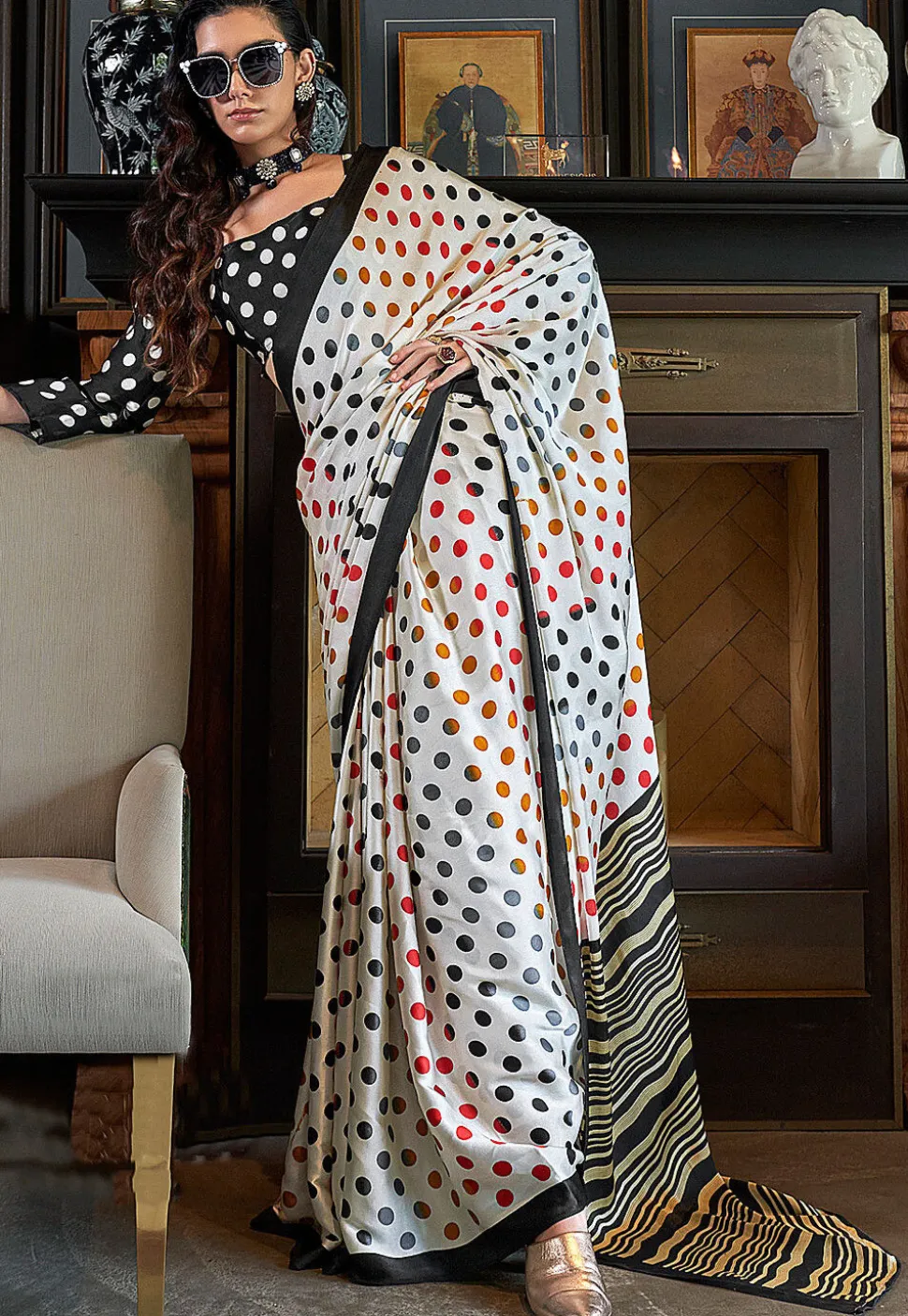 Digital Printed Crepe Saree in Off White