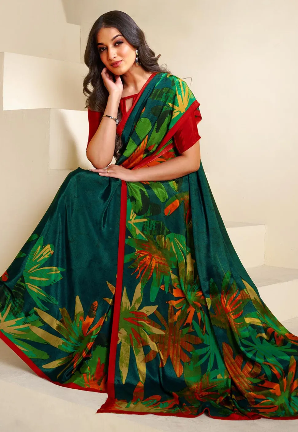 Digital Printed Crepe Saree in Dark Green