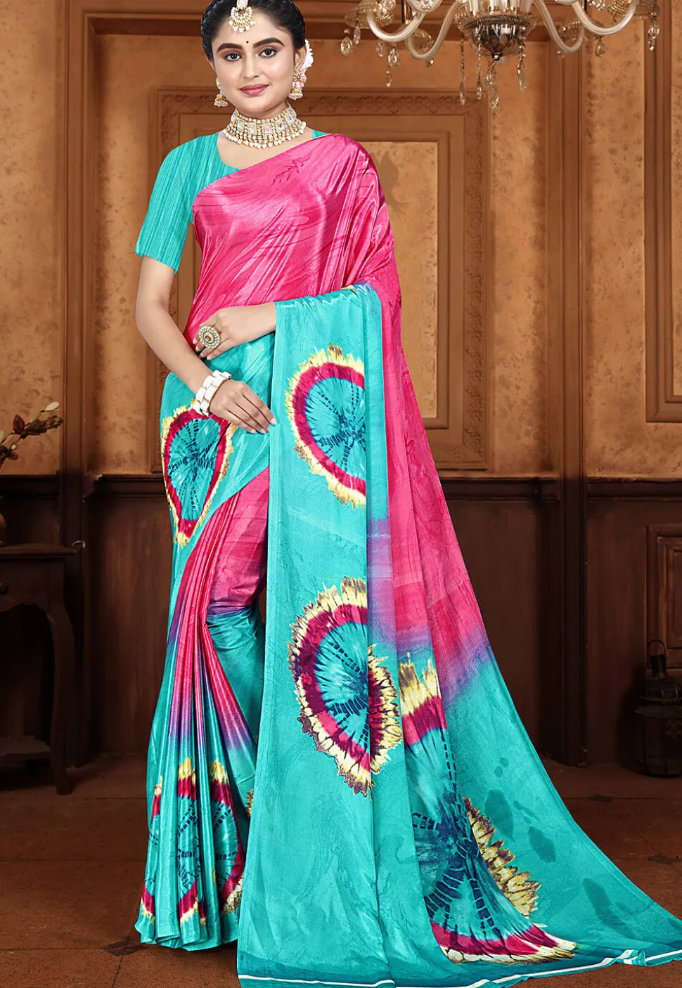 Digital Printed Crepe Saree in Sky Blue and Pink