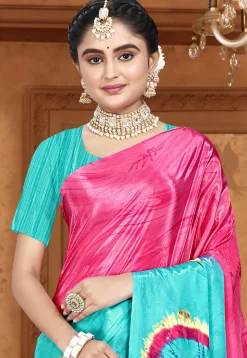 Digital Printed Crepe Saree in Sky Blue and Pink