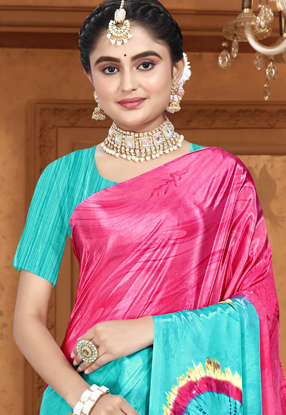 Digital Printed Crepe Saree in Sky Blue and Pink