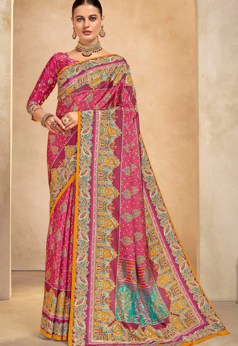 Digital Printed Crepe Saree in Pink