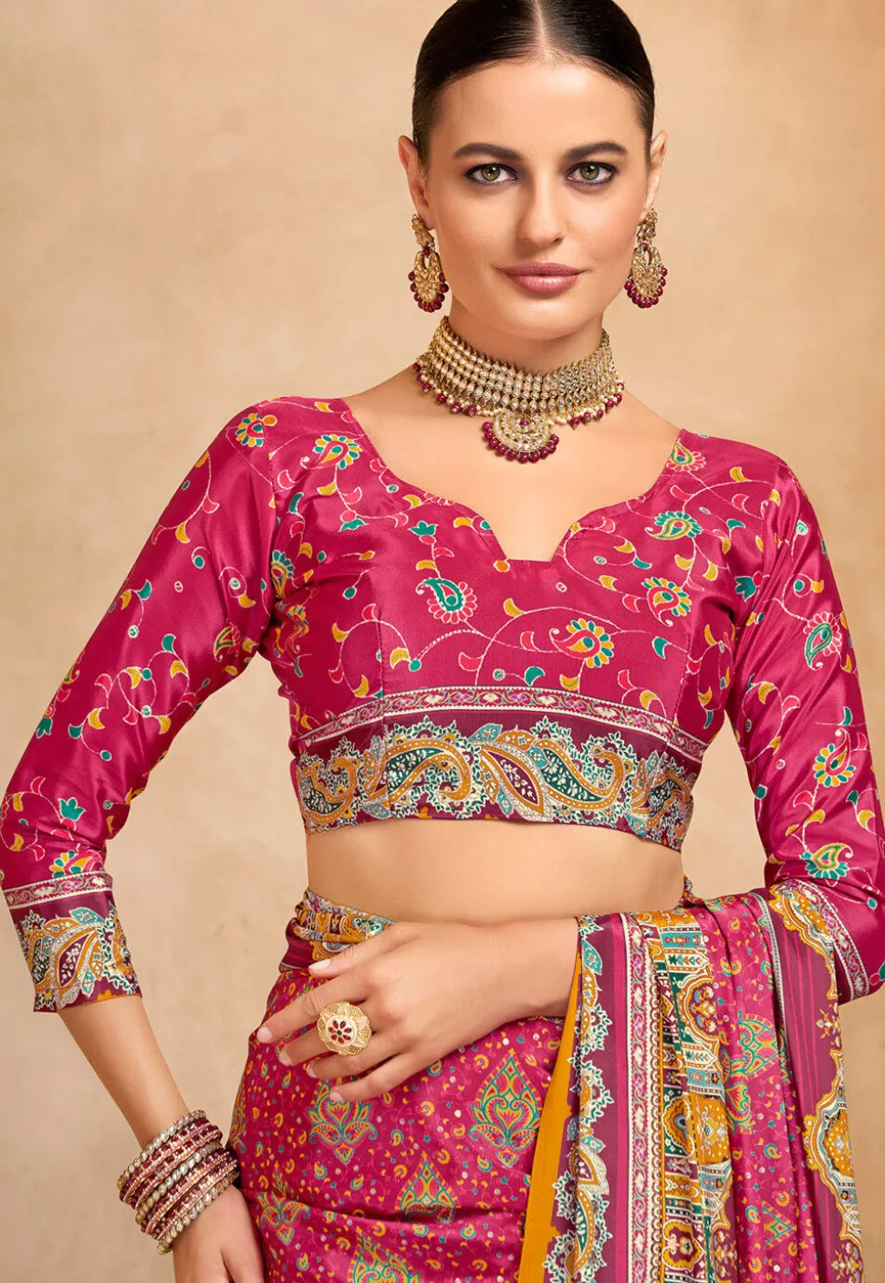 Digital Printed Crepe Saree in Pink