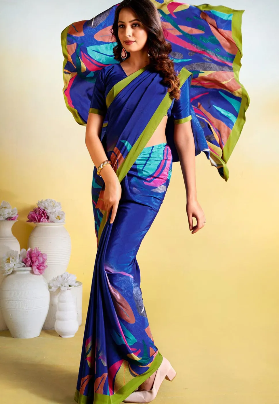 Digital Printed Crepe Saree in Blue