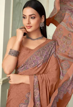 Digital Printed Crepe Saree in Brown