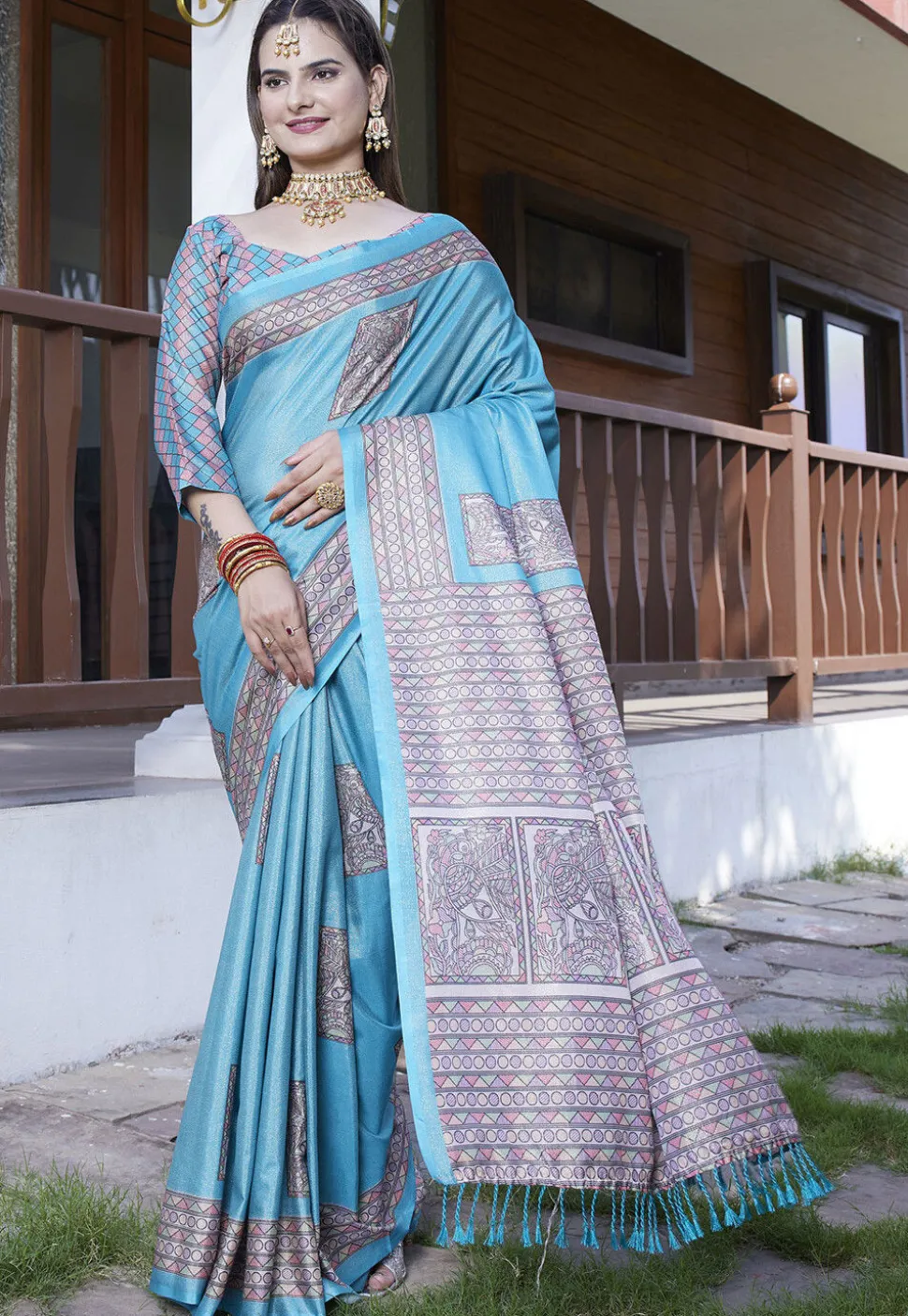 Digital Printed Crepe Saree in Light Blue