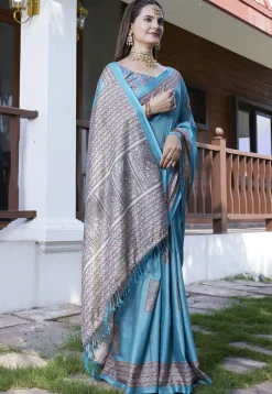 Digital Printed Crepe Saree in Light Blue