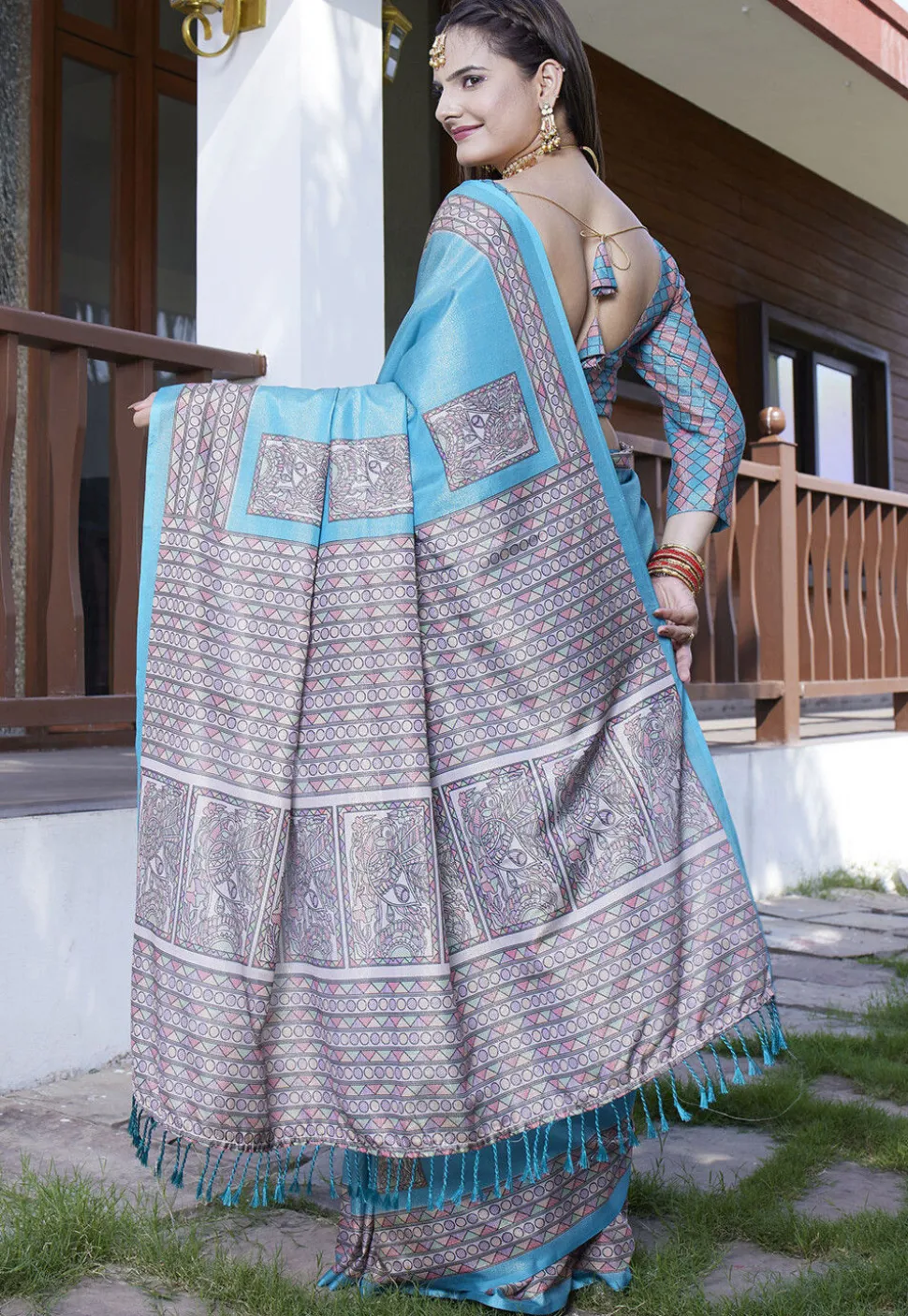 Digital Printed Crepe Saree in Light Blue