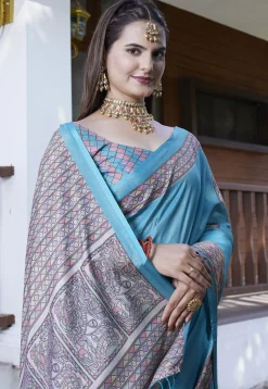 Digital Printed Crepe Saree in Light Blue