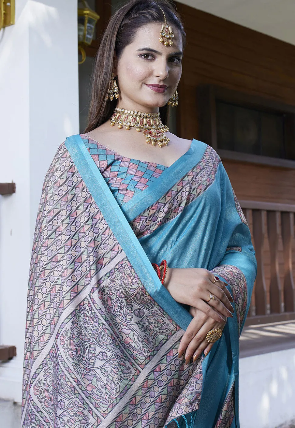 Digital Printed Crepe Saree in Light Blue