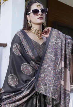 Digital Printed Crepe Saree in Black