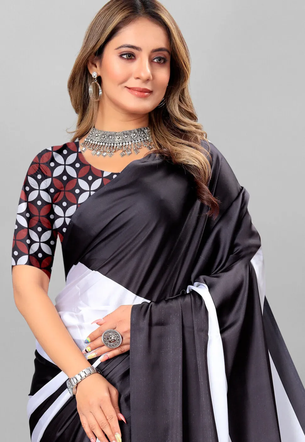 Digital Printed Crepe Saree in Black