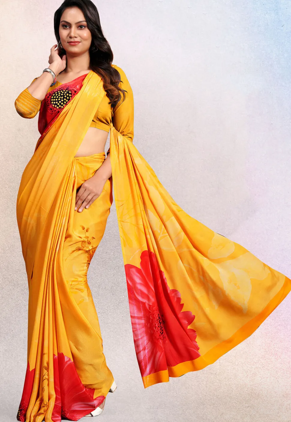 Digital Printed Crepe Saree in Mustard
