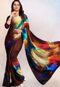 Digital Printed Crepe Saree in Brown and Multicolor
