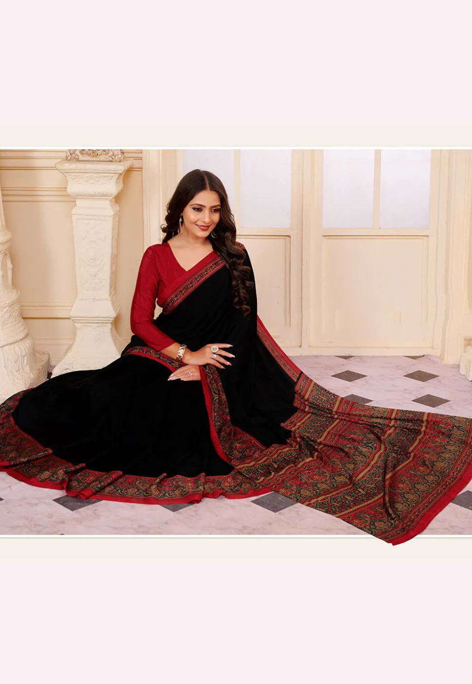 Digital Printed Crepe Saree in Black