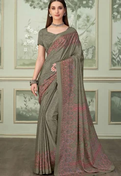 Digital Printed Crepe Saree in Dusty Green
