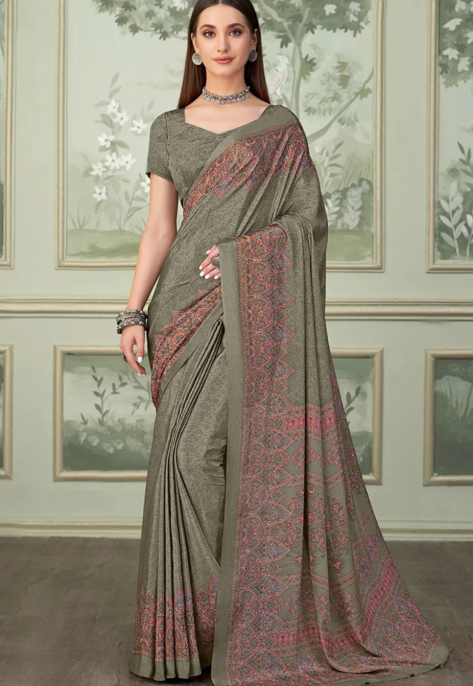 Digital Printed Crepe Saree in Dusty Green