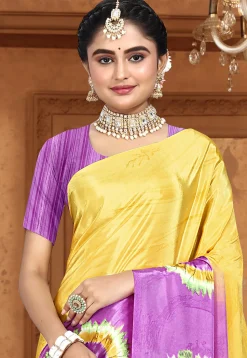 Digital Printed Crepe Saree in Yellow and Purple