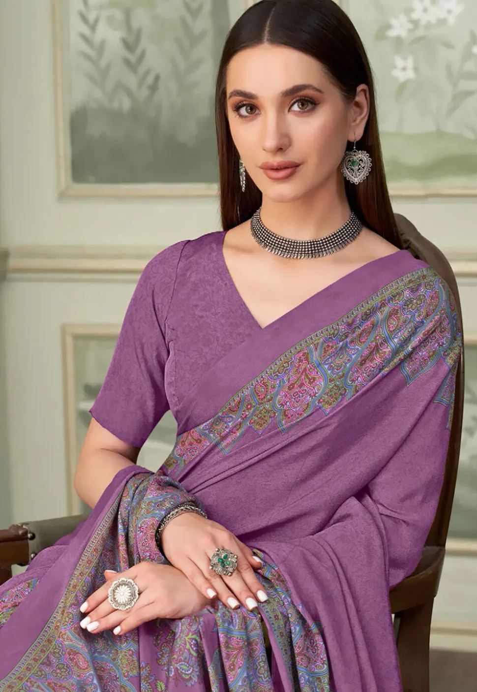 Digital Printed Crepe Saree in Purple