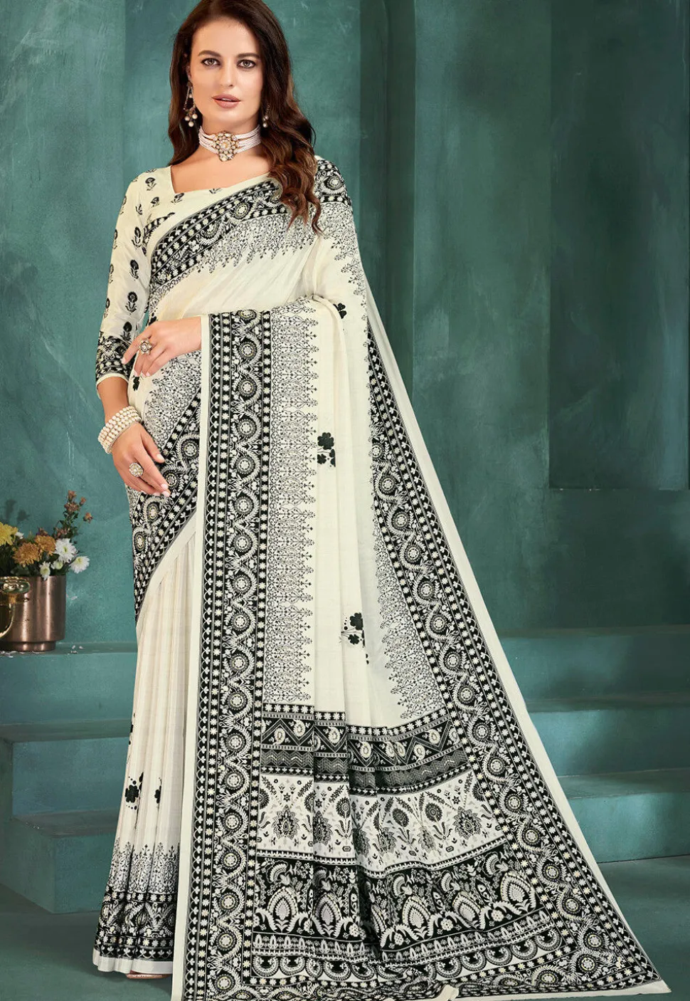 Digital Printed Crepe Saree in Off White