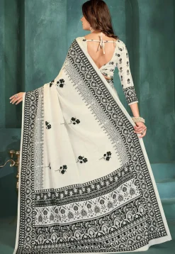 Digital Printed Crepe Saree in Off White