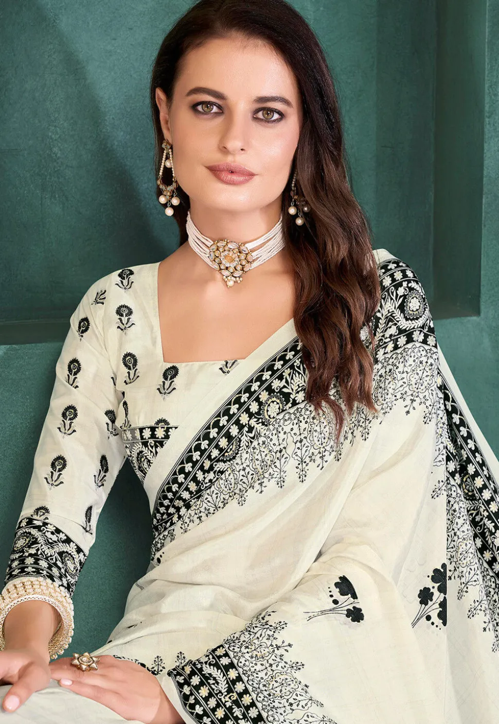 Digital Printed Crepe Saree in Off White